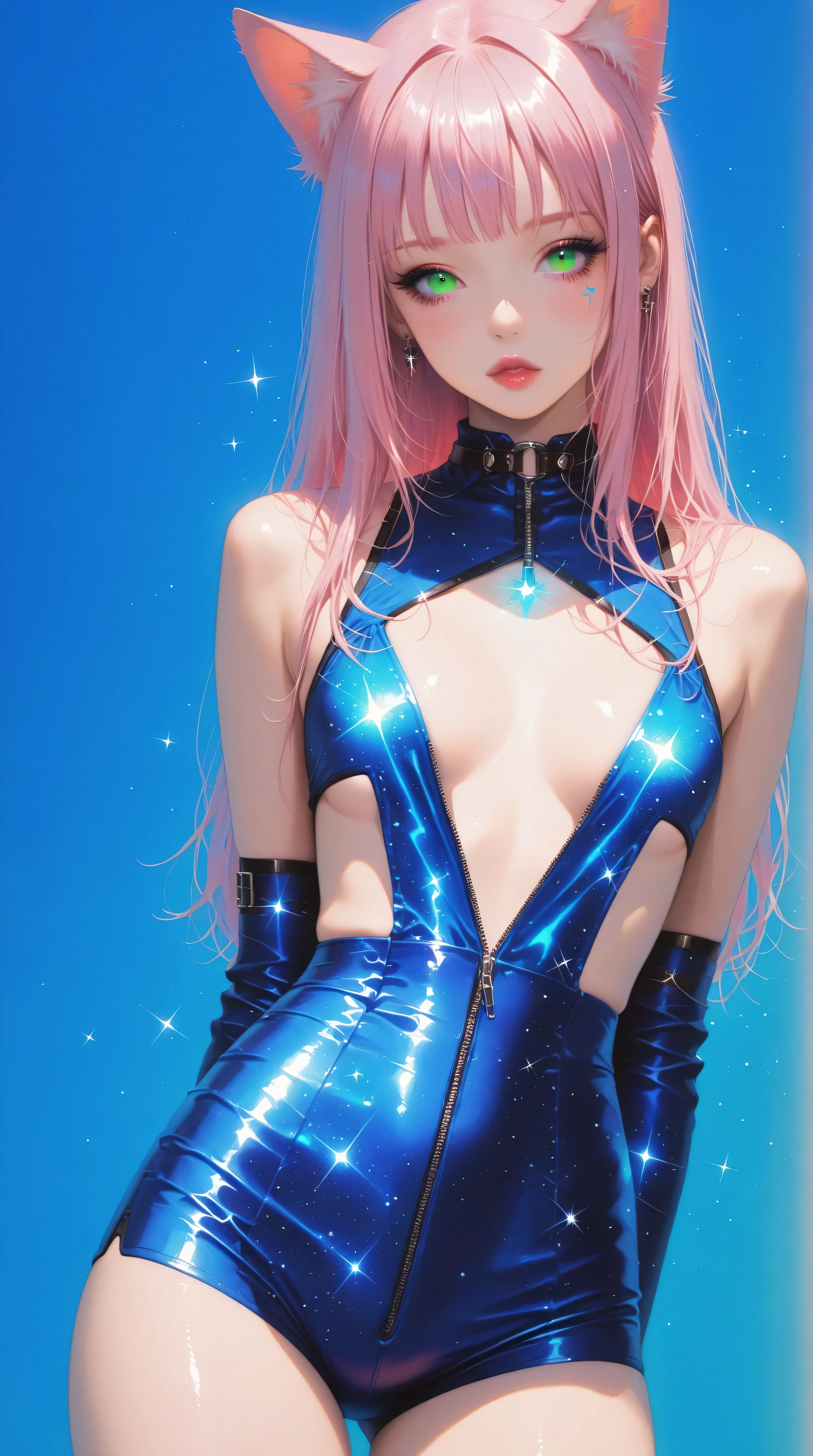 young woman,Make your face precise,(smile),Pose that shows off your armpits,(Pose that shows off your armpits),pink hair,blue eyes,cute japanese woman,(Kogal),lace queen,(whole body),body suit,(latex),8k wallpaper, Super detailed, beautiful, masterpiece, highest quality, realistic