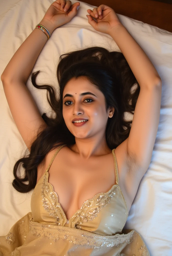 She's Indian wife, lying on the bed, wearing inner wears only, camera angle top and full body shot, she's smiling at viewer, she's fully wet, 