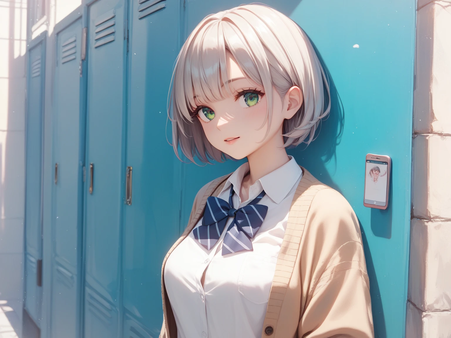 nsfw, Silver short bob、 high school girl wearing a beige cardigan who is leaving school with her boyfriend、 green eyes、Height: 150cm、Breasts are about D cup、 value