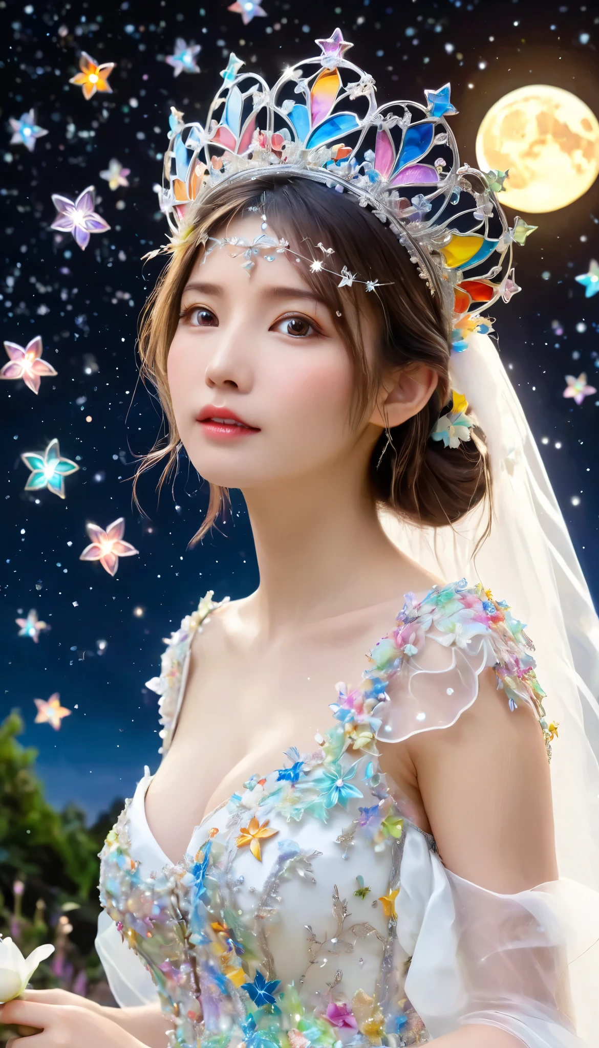 Highest quality, Super quality, 16K, Incredibly absurd, Very detailed, 2.5D, delicate and dynamic, church, Brightly colored stained glass, Small faint lights and flying fireflies, night, Starry Sky, milky way, nebula, shooting star, Flowers, birds, wind and moon, Small face, Extremely delicate facial expression, Delicate eye depiction, Upper body close-up, erotic, sole sexy lady, healthy shaped body, 22 years old lady, bride, 170cm tall, huge firm bouncing busts, Colorful tiaras, A long wedding dress with a complex structure, Colorful long wedding dress, frilly see-through long wedding dress, super long cape from head