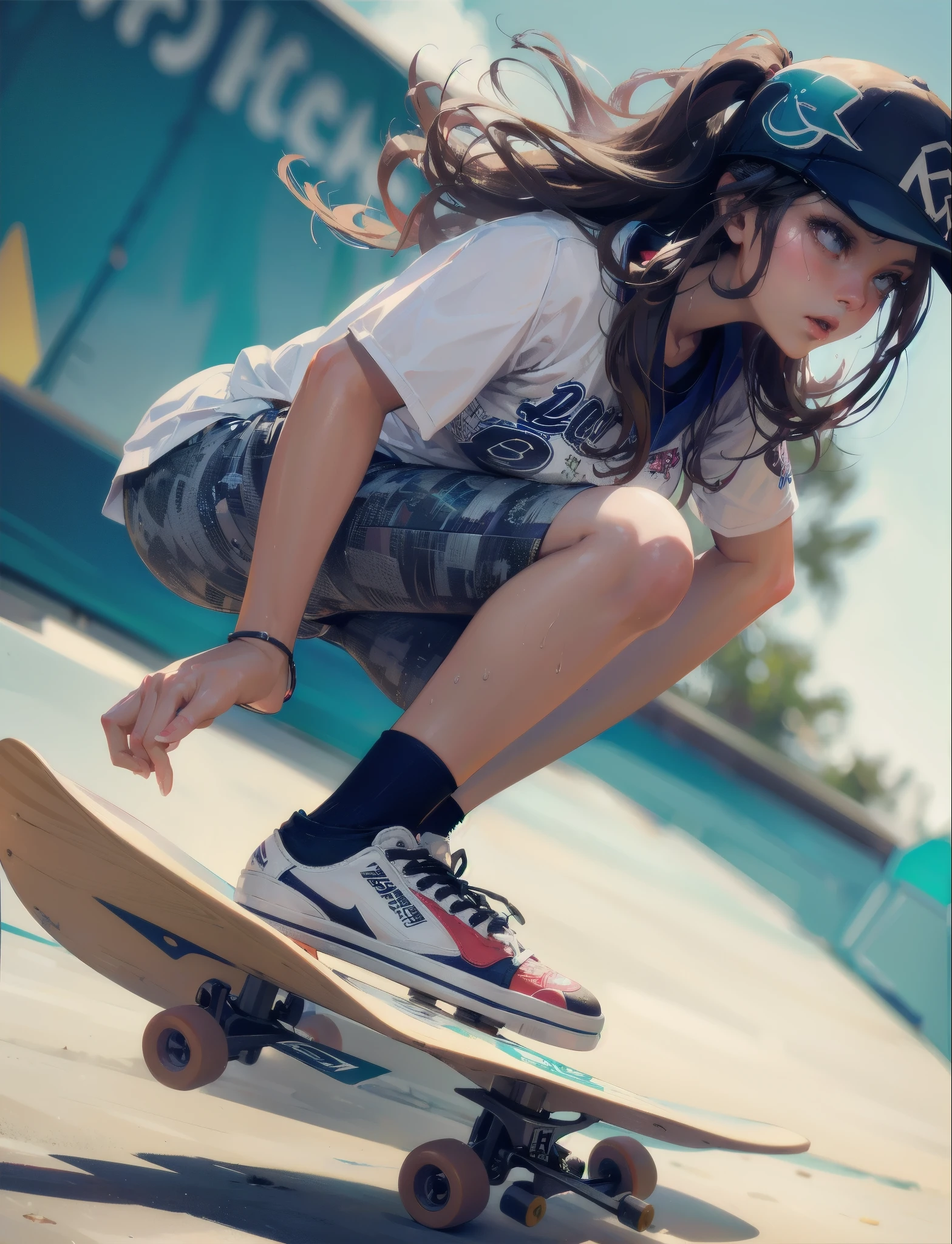 A fearless and stylish young skater dominates an urban skate park. With exceptional skill, she performs mid-air tricks on concrete ramps, surrounded by graffiti-covered walls. Her dynamic motion and confident expression are accentuated by windblown hair and streetwear fashion. Neon lighting casts dramatic shadows, creating a cinematic atmosphere. Captured with a wide-angle fisheye lens, this professional portrait showcases her beautiful detailed eyes and lips. The scene is reminiscent of a masterpiece, with ultra-detailed realism and vibrant colors.