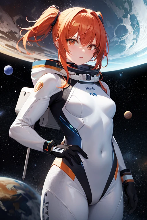 ((masterpiece,best quality)), absurdres, cinematic composition,
mira_nova, orange hair, blue skin, looking at viewer, space suit,
Space, stars, planets,