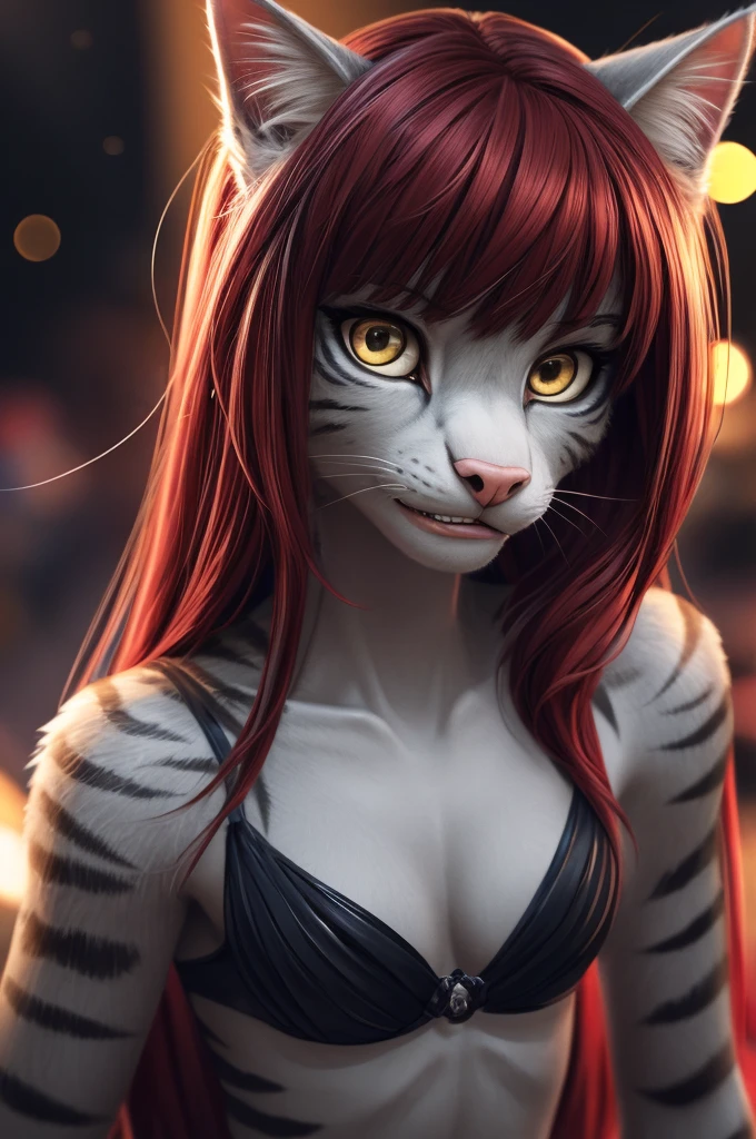 Solo, score_9,score_8_up,score_7_up, source_furry, (Kat, Anthro furry feline girl, adult female, gold eyes, red hair, hair in a pony tail, eyes half closed, silver fur, grey stripes, tail), standing, feline teeth, close up, seductive, seductive expression, mouth open, leaning forward, nude, (realistic, photorealistic, hyper realism, photograph, hyper detailed fur):1.3

