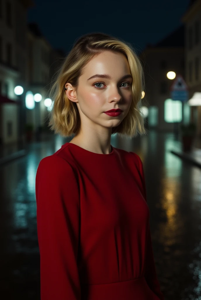 emma myers,blonde shoulder length wavy hair,red long sleeve  evening dress,in desolated street,under the rain,in the night,potrait