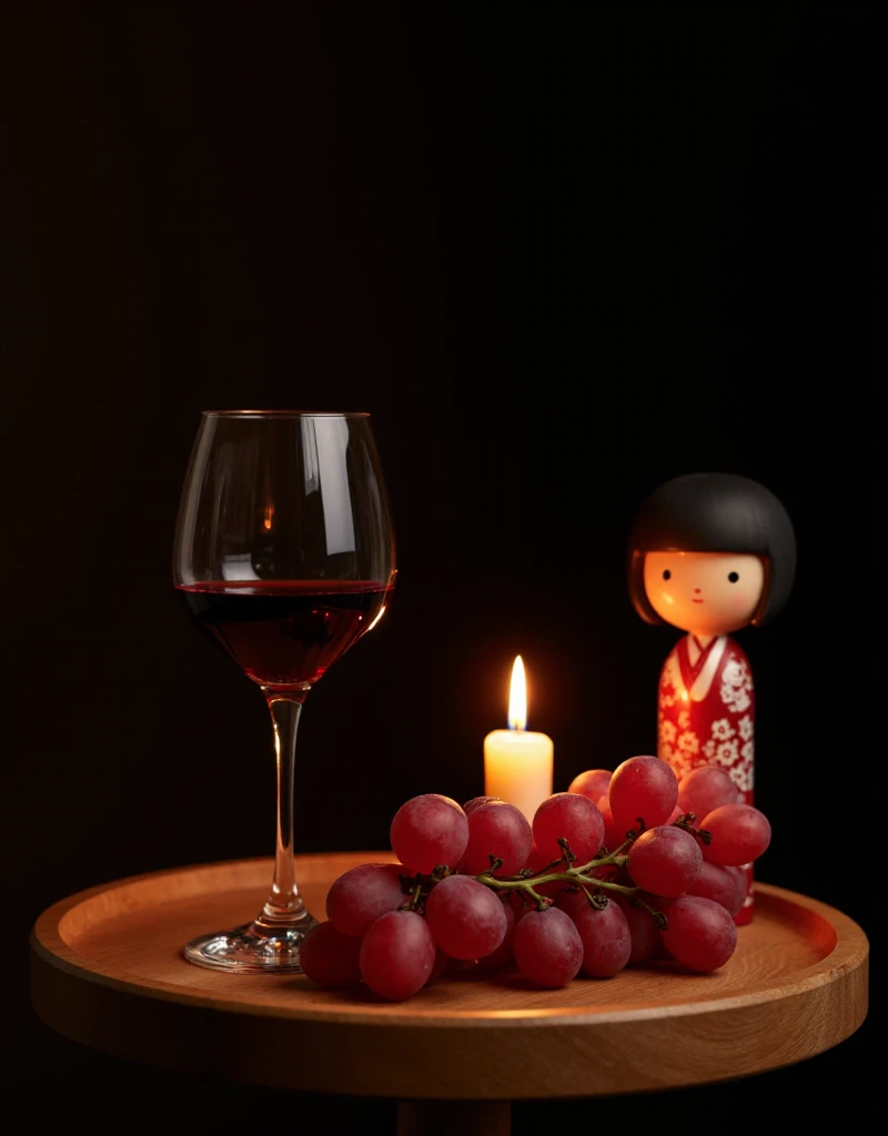 Front view, from above view, Red wine from Koshu, Japan poured into a wine glass, 1 a bunch of red grapes, a wooden kokeshi doll, on round desk, 1 candle light, night,   (photographic, super high definition , retina, masterpiece, anatomically correct, Accurate, textured skin, super detailed, High Details , High Quality , High Quality , high definition , 8k)
