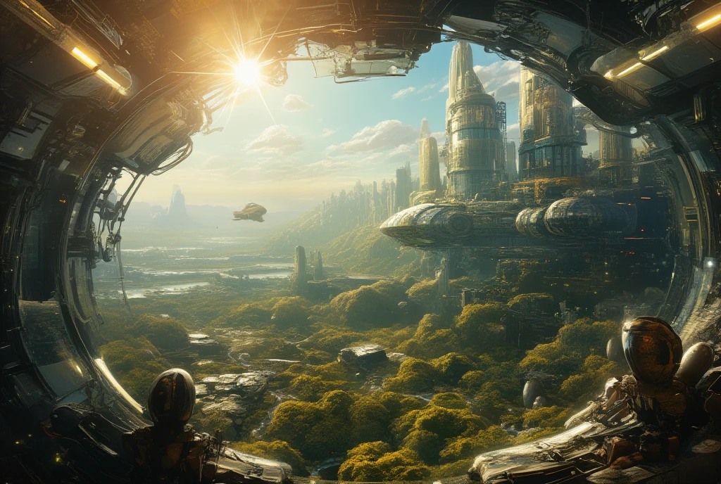 {{A ((utopian)) depiction of {((a self-sustaining space colony orbiting Earth))}}} with {((gleaming solar panels, lush green spaces, and futuristic skyscrapers))}. This is a {((eco-futurism))}-inspired image that showcases {((innovative sustainability technologies and harmonious coexistence with nature))}. The environment/background should be {((Earth visible through massive observation windows and a pristine star-filled expanse))} to create an {((inspiring and hopeful mood))}. The image should be in the style of a {((concept art piece))}, incorporating elements of {((art by Hayao Miyazaki, Halo's Halo Ring, and the Space Odyssey series))}. The {((long shot))}, captured with a {((wide-angle 135mm lens))}, will provide a {((grand and expansive perspective))}. The lighting should be {((natural and radiant, with golden sunlight reflecting off structures))}, emphasizing {((the interplay between natural and artificial elements))}. The desired level of detail is {((fine and intricate))} with a {((16K resolution))}, highlighting {((technological innovations and natural beauty))}. The goal is to create a {((inspiring and visionary))} image that captivates viewers with its {((hopeful portrayal of the future))}.