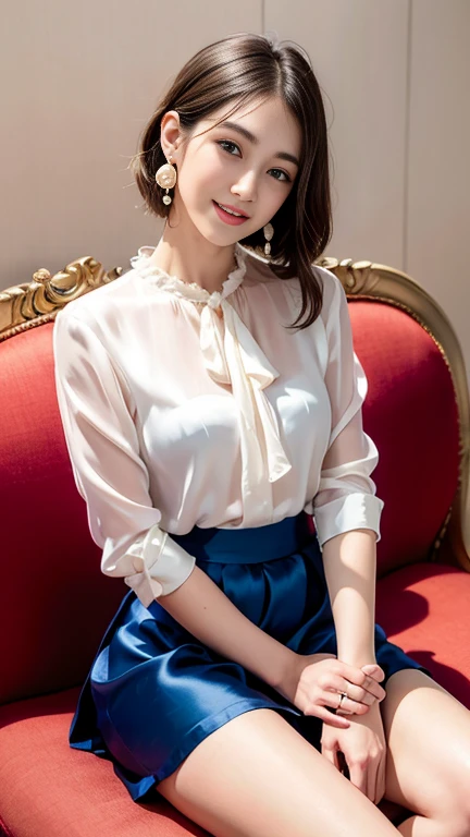 (a masterpiece portrait of a woman with ultra detailed features, in 8K resolution, with crisp quality and vibrant colors), Alone、(silk_blouse:1.5)、( long skirt:1.5)、( Knee Length Skirt :1.8)、(Pearl_ earrings:1.3)、 Elegant Shorthair、Black Eye、(Dimly lit luxury boutique：1.8)、( Staring at the Audience :1.2)、 beautiful Japanese woman、 full body Ezbian 、( gentle smile:1.5)、sitting on the sofa with one&#39;s legs together、 black pumps、