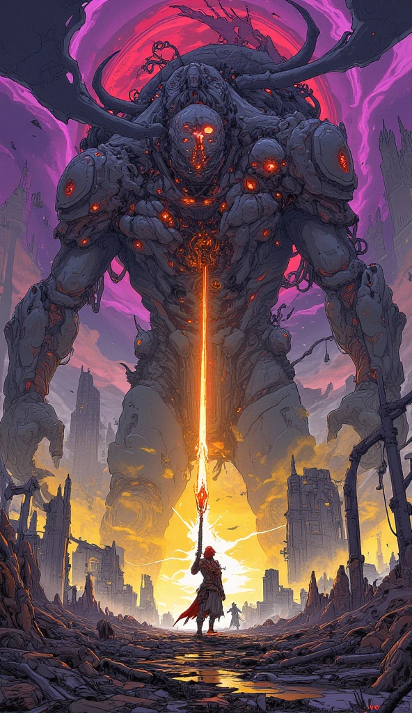 "Under a swirling, apocalyptic sky of Moebius-inspired purples and yellows, a red-haired barbarian warrior faces a towering biomechanical colossus. The monstrous creature, an unholy combination of twisted metal, rotting flesh, and glowing veins, looms above, its massive claws ripping through the broken remains of an ancient cathedral. The warrior, drenched in blood and sweat, raises a massive, glowing sword, its blade shimmering with ethereal light that seems to defy the darkness around him.

The atmosphere is steeped in cosmic dread, with Zdzisław Beksiński’s morbid apocalyptic tones visible in the crumbling, skeletal structures that surround the battlefield. Volumetric light streams pierce the thick haze of ash and smoke, highlighting the colossus’s grotesque details and the barbarian’s defiant stance. This cinematic moment captures the raw power and desperation of man against an overwhelming cosmic horror, framed in vibrant, surreal hues of neon light."