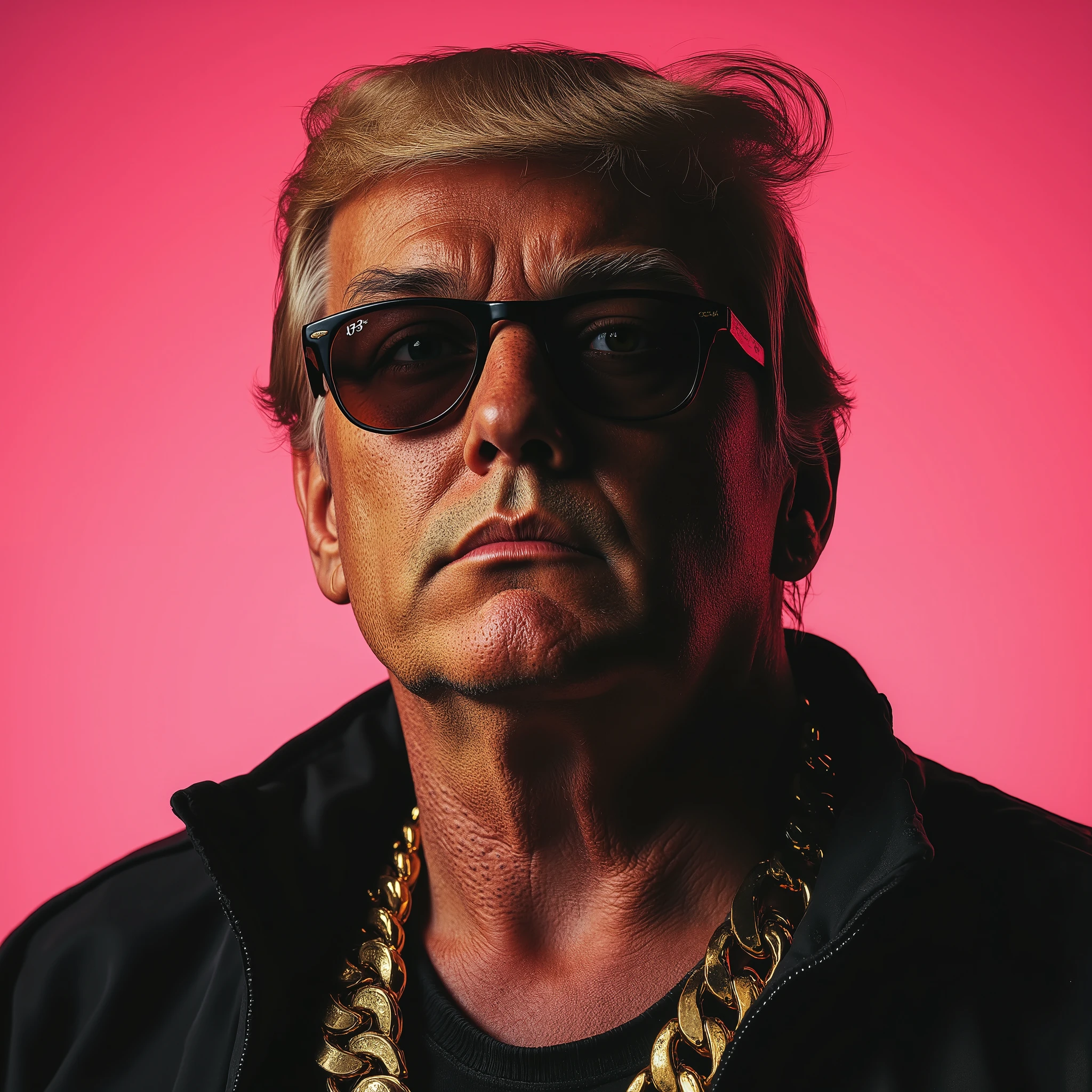 closeup man, portrait of Donald Trump with wearing a black Adidas style tracksuit and gold chains and Rayban style sunglasses, criminal style, serious look, moody, highly detailed, high contrast, pink background, hairy chest,