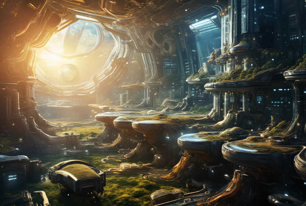 {{A ((utopian)) depiction of {((a self-sustaining space colony orbiting Earth))}}} with {((gleaming solar panels, lush green spaces, and futuristic skyscrapers))}. This is a {((eco-futurism))}-inspired image that showcases {((innovative sustainability technologies and harmonious coexistence with nature))}. The environment/background should be {((Earth visible through massive observation windows and a pristine star-filled expanse))} to create an {((inspiring and hopeful mood))}. The image should be in the style of a {((concept art piece))}, incorporating elements of {((art by Hayao Miyazaki, Halo's Halo Ring, and the Space Odyssey series))}. The {((long shot))}, captured with a {((wide-angle 135mm lens))}, will provide a {((grand and expansive perspective))}. The lighting should be {((natural and radiant, with golden sunlight reflecting off structures))}, emphasizing {((the interplay between natural and artificial elements))}. The desired level of detail is {((fine and intricate))} with a {((16K resolution))}, highlighting {((technological innovations and natural beauty))}. The goal is to create a {((inspiring and visionary))} image that captivates viewers with its {((hopeful portrayal of the future))}.