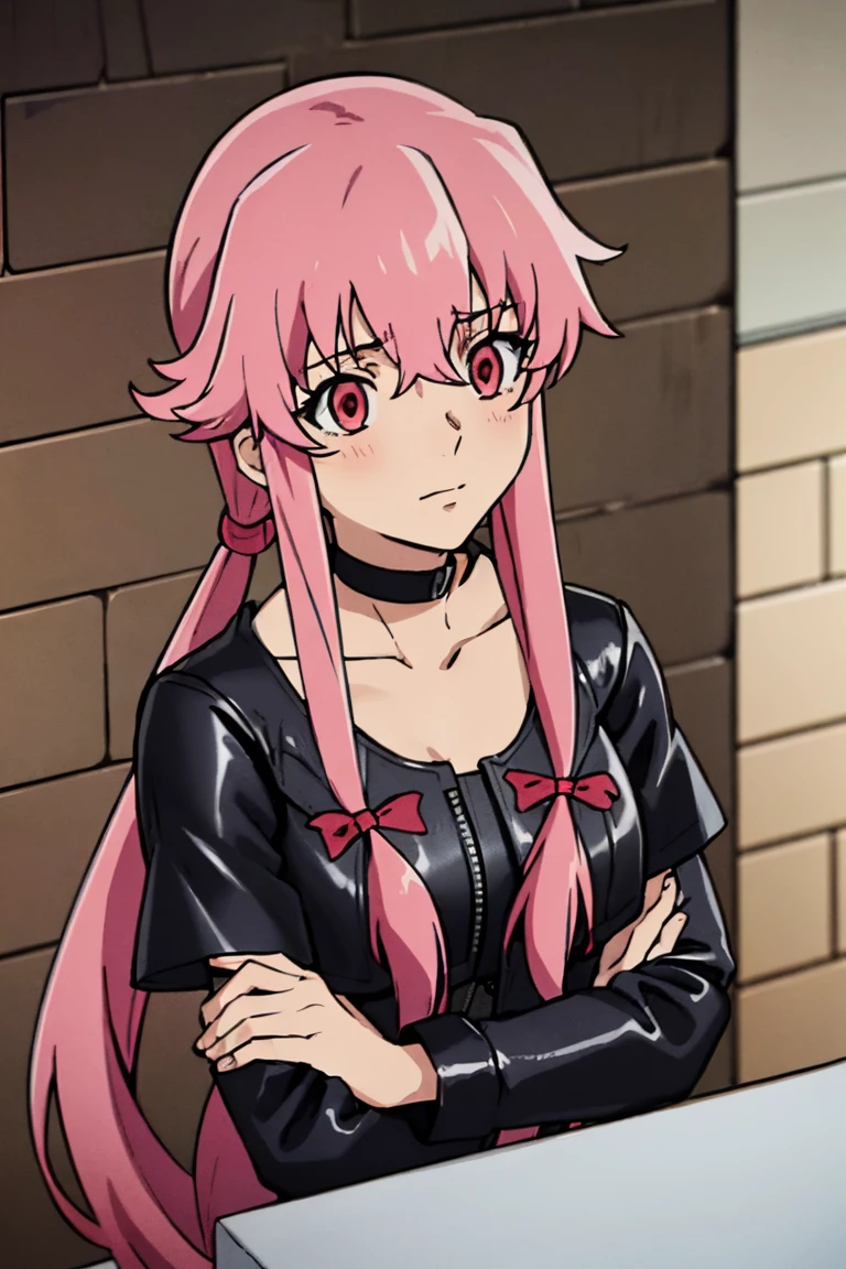 anime_still, masterpiece, best quality, 1girl, Gasai Yuno,large breasts, pink hair, long hair, solo, sitting, tiles, looking at viewer, low twintails, wearing a black choker, (wearing a black leather jacket:1.5), wearing blue jeans, wearing a black t-shirt, red eyes, ((yandere)),