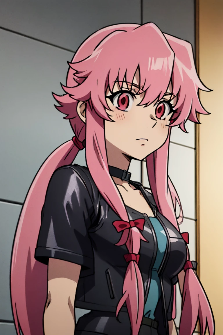 anime_still, masterpiece, best quality, 1girl, Gasai Yuno,large breasts, pink hair, long hair, solo, sitting, tiles, looking at viewer, low twintails, wearing a black choker, (wearing a black leather jacket:1.5), wearing blue jeans, wearing a black t-shirt, red eyes, ((yandere)),