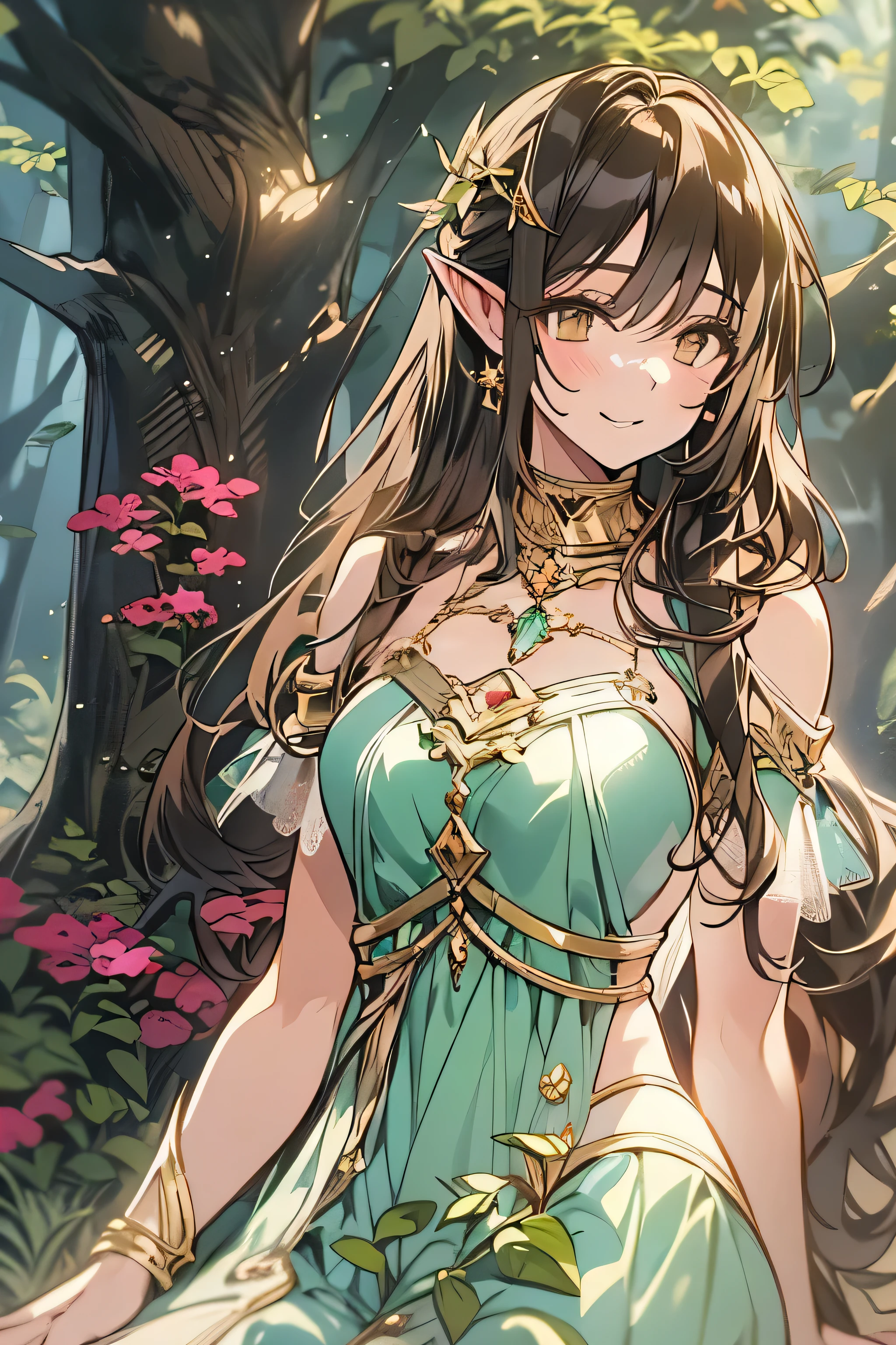 1girl, pointy ears, earrings, green hair, single braid, medium breasts, pink eyes, detailed eyes, light smile, parted lips,sundress, breasts,
standing, fangs <lora:fangs:1>,
outdoors,