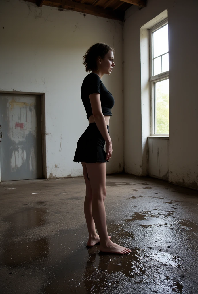 a beautiful skinny young woman wearing a skirt stands in an abandoned place. Shot from the side. There is lots of natural light. piss is flowing from her bottoms in a stream and a wet crotch stain is visible and streams. she has an amazing body with wide hips, a thin waist, and a round ass she is shocked and embarrassed.  She wears a black crop top and a skirt