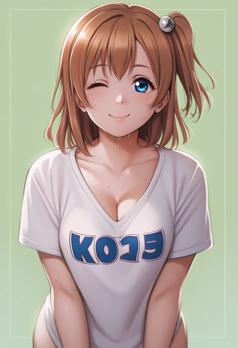 (Masterpiece, Best Quality, High Quality), anime style, love live, honoka kousaka, (blue eyes), brown hair, kousaka honoka, medium hair, 8k wallpaper,looking_at_viewer, football t-shirt, bottomless, perfect shadow, beautiful,cozy , collarbone , cleavage , sweating,wink, standing, front view,p4l0m4, cowboy shot, side ass