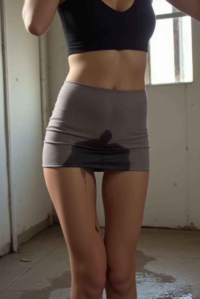 a beautiful skinny young woman wearing a skirt stands in an abandoned place. Shot from the side. There is lots of natural light. piss is flowing from her bottoms in a stream and a wet crotch stain is visible and streams. she has an amazing body with wide hips, a thin waist, and a round ass she is shocked and embarrassed.  She wears a black crop top and a skirt