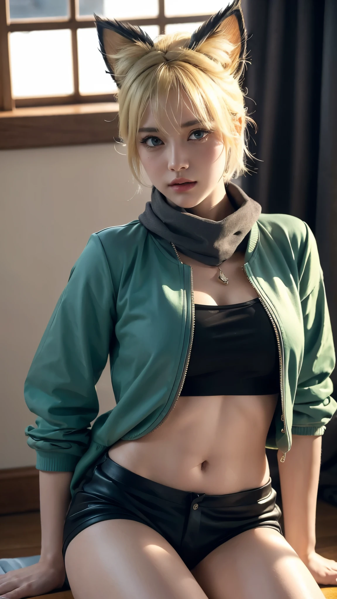 a young girl with short yellow hair, dryer cat ears, green jacket, wearing a scarf around his neck, necklace, black top, black tight short pants, cleavage, sexy, hot, full body shot, photorealistic, 8k, HDR, ultra-detailed, highly detailed face, extremely detailed eyes and lips, beautiful detailed eyes, beautiful detailed lips, long eyelashes, sharp focus, vivid colors, studio lighting, physically-based rendering,