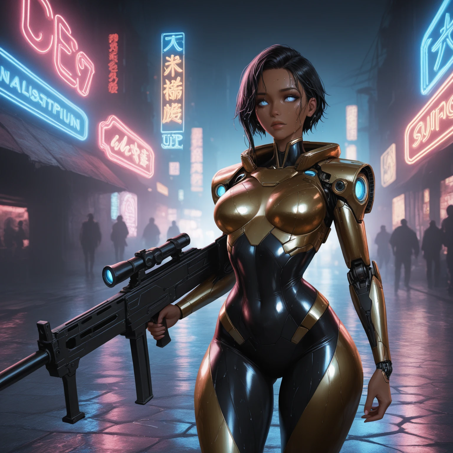 Combat Gynoid with long flowing black hair, curvaceous figure with a narrow waist and wide hips, tanned skin, glowing blue eyes, grasping a sleek sub-machine gun, clad in high-tech black and gold armor with metallic accents, set against a dystopian cyberpunk backdrop with neon lights reflecting off wet pavement, rendered in a detailed, high-contrast matte painting style with deep, rich colors, blending the dark, gritty aesthetic of Syd Mead with the vibrant, neon-lit futurism of Ash Thorp and the intricate, mechanized details of Simon Stalenhag, inspired by the fantasy concept art trending on Artstation, with a cinematic, 8k resolution quality reminiscent of Unreal Engine 5, emphasizing bold, complementary colors and dramatic lighting