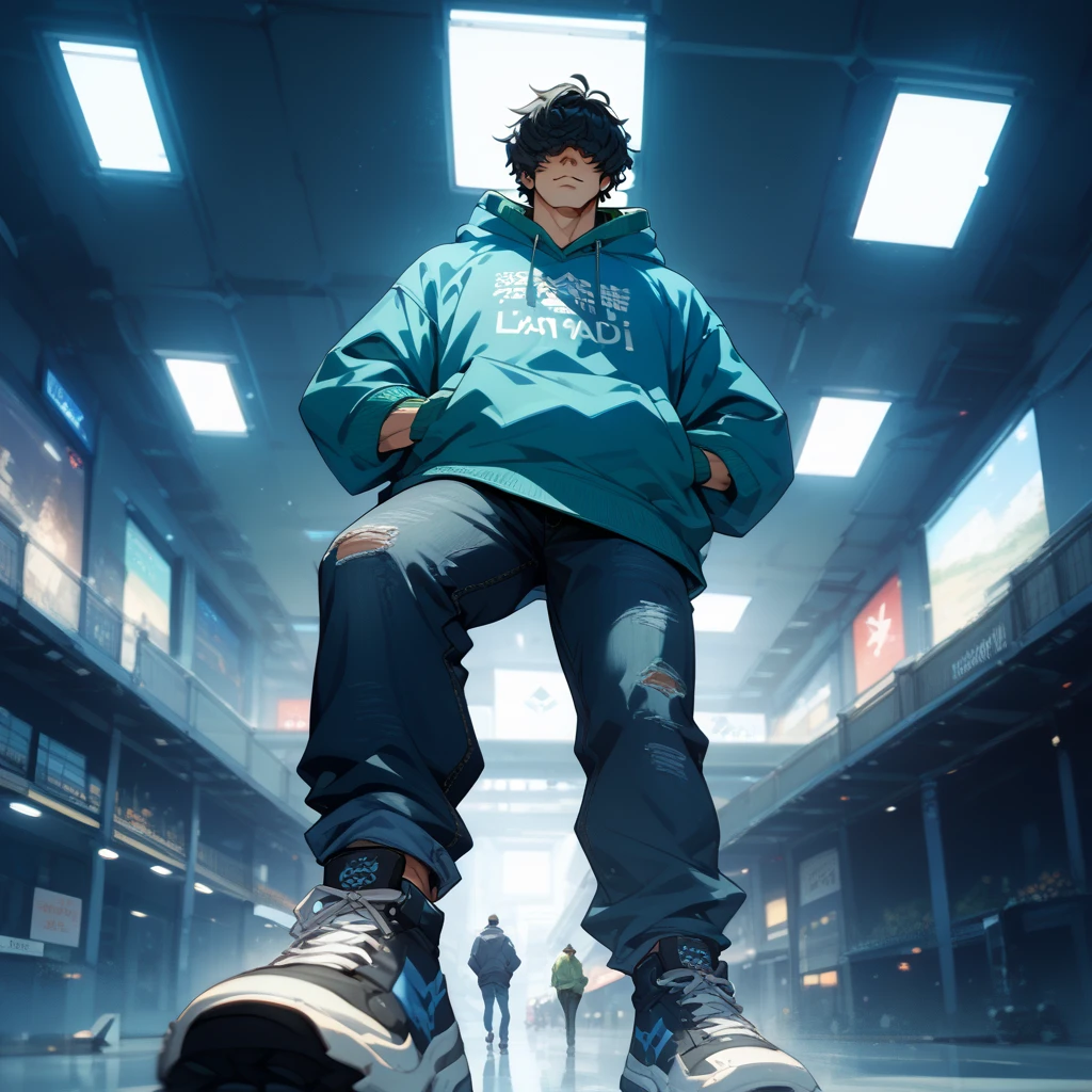 score_9, score_8_up, score_7_up, score_6_up, solo focus, 1man, shaggy black hair, hair over eyes, eyes hidden, blue oversized hoodie, giant, view from below, dark sneakers, foot focus, footstomp, hands in pockets, dark jeans, university compus courtyard, daytime, 