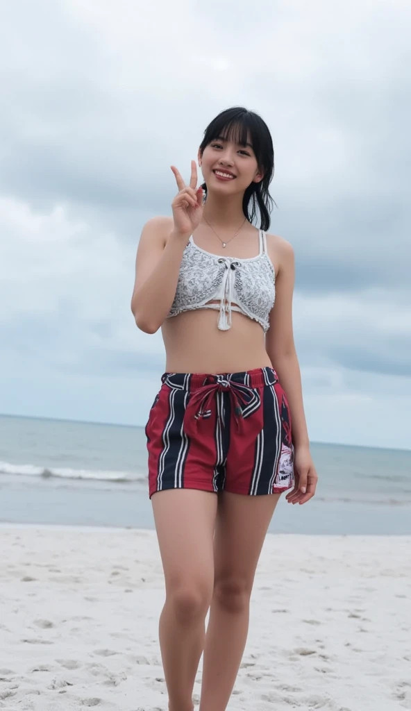 The composition is a full body shot from below 、Correct structure as a human 、 correct structure as a woman、A woman with big boobs is naked on the beach wearing a bikini swimsuit and having fun alone、 top quality、masterpiece、 Not wearing underwear 、barefoot, 