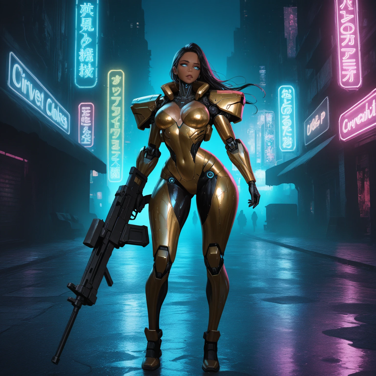 Combat Gynoid with long flowing black hair, curvaceous figure with a narrow waist and wide hips, tanned skin, glowing blue eyes, grasping a sleek sub-machine gun, clad in high-tech black and gold armor with metallic accents, set against a dystopian cyberpunk backdrop with neon lights reflecting off wet pavement, rendered in a detailed, high-contrast matte painting style with deep, rich colors, blending the dark, gritty aesthetic of Syd Mead with the vibrant, neon-lit futurism of Ash Thorp and the intricate, mechanized details of Simon Stalenhag, inspired by the fantasy concept art trending on Artstation, with a cinematic, 8k resolution quality reminiscent of Unreal Engine 5, emphasizing bold, complementary colors and dramatic lighting