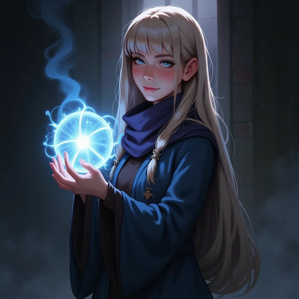 witch girl,  long straight blonde hair, holding magic power, blue coat, blue scarf, harry potter