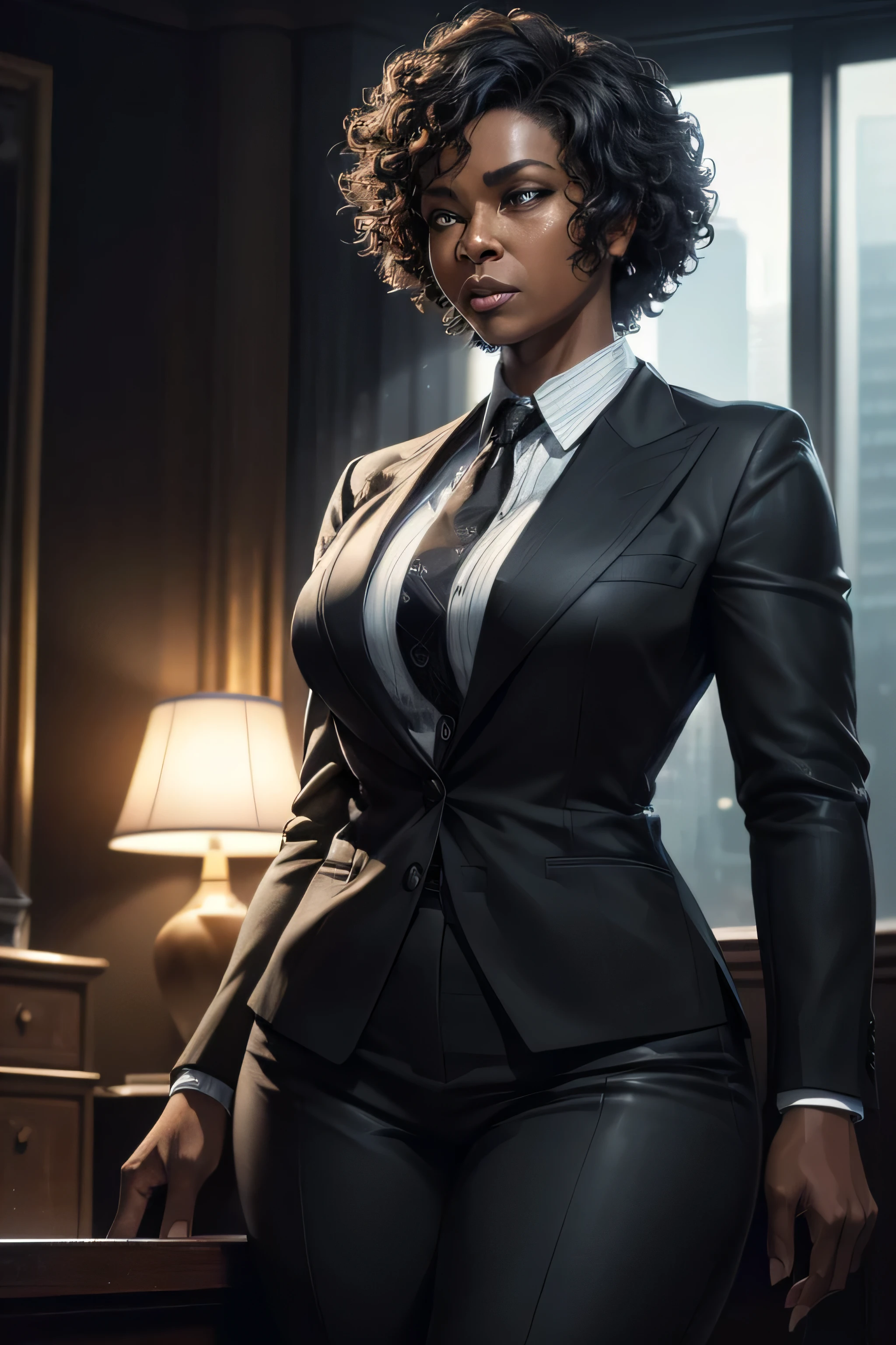 A 40-year-old black woman, Elegant bearing wearing a suit,Short curly hair, highly detailed and expressive face, (best quality,4k,8k,highres,masterpiece:1.2),ultra-detailed,(realistic,photorealistic,photo-realistic:1.37),portrait,concept art,dramatic lighting,vivid colors,intricate details, (Avoid deformed and poorly drawn eyes)