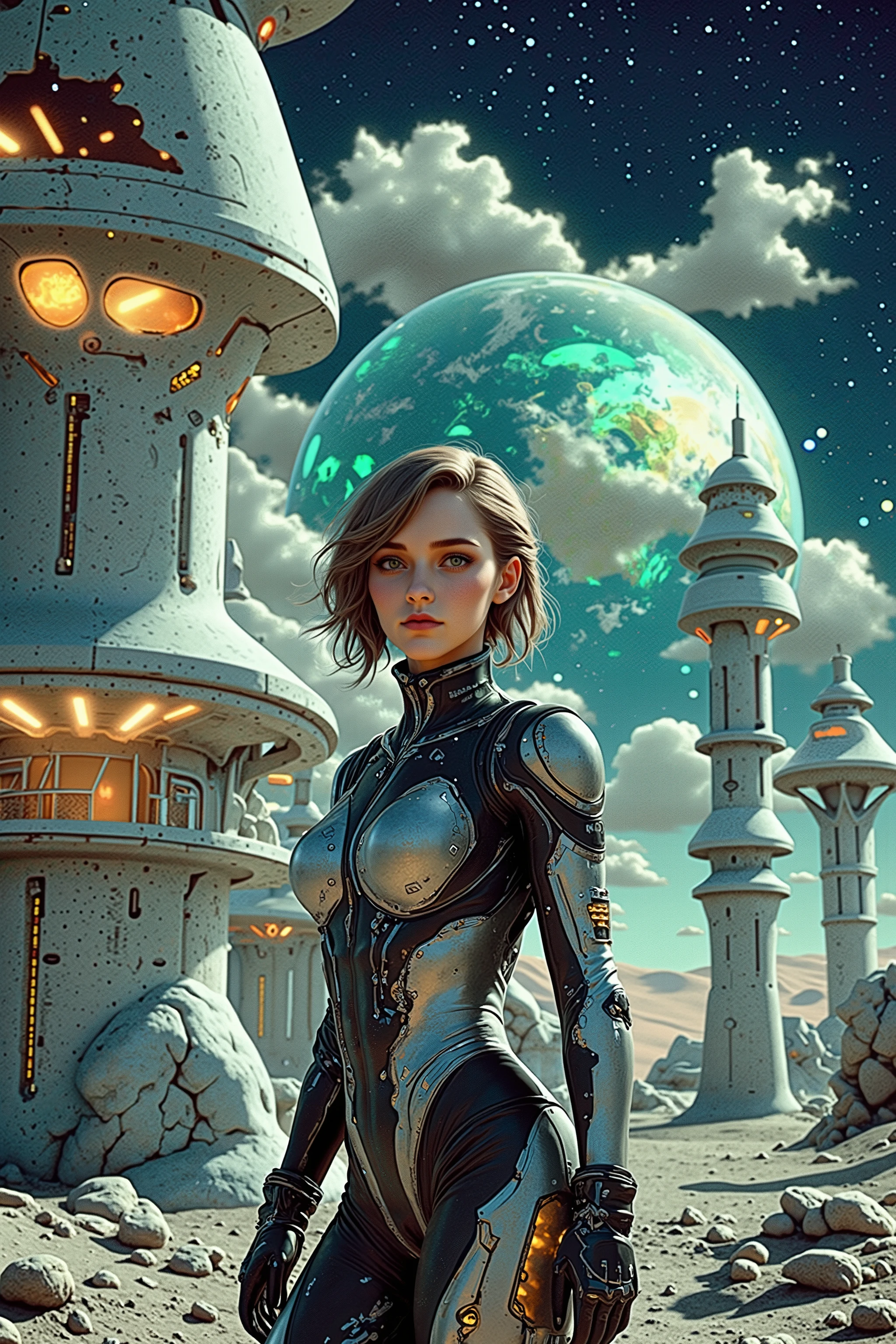 A high-fidelity render of a futuristic moon base on the lunar surface, featuring ultra-realistic details: metallic and glass domes with intricate textures, solar panels with reflective properties, and glowing interiors casting soft light onto the surrounding terrain. The lunar surface is meticulously detailed with fine dust, rugged craters, and subtle shadows. A female space soldier stands prominently in the foreground, wearing a sleek, futuristic space suit tailored for mobility and protection, with a visor reflecting the Earth and HUD details faintly glowing. Her suit features advanced armor plating and utility modules, blending functionality and elegance. The sky showcases a semi-realistic, dreamlike quality with a large, majestic Earth dominating the horizon, rendered with vibrant blues, greens, and swirling white clouds, surrounded by a luminous halo. Atmospheric effects, such as a faint glow around the structures and stars twinkling in the background, enhance the depth and realism of the scene.