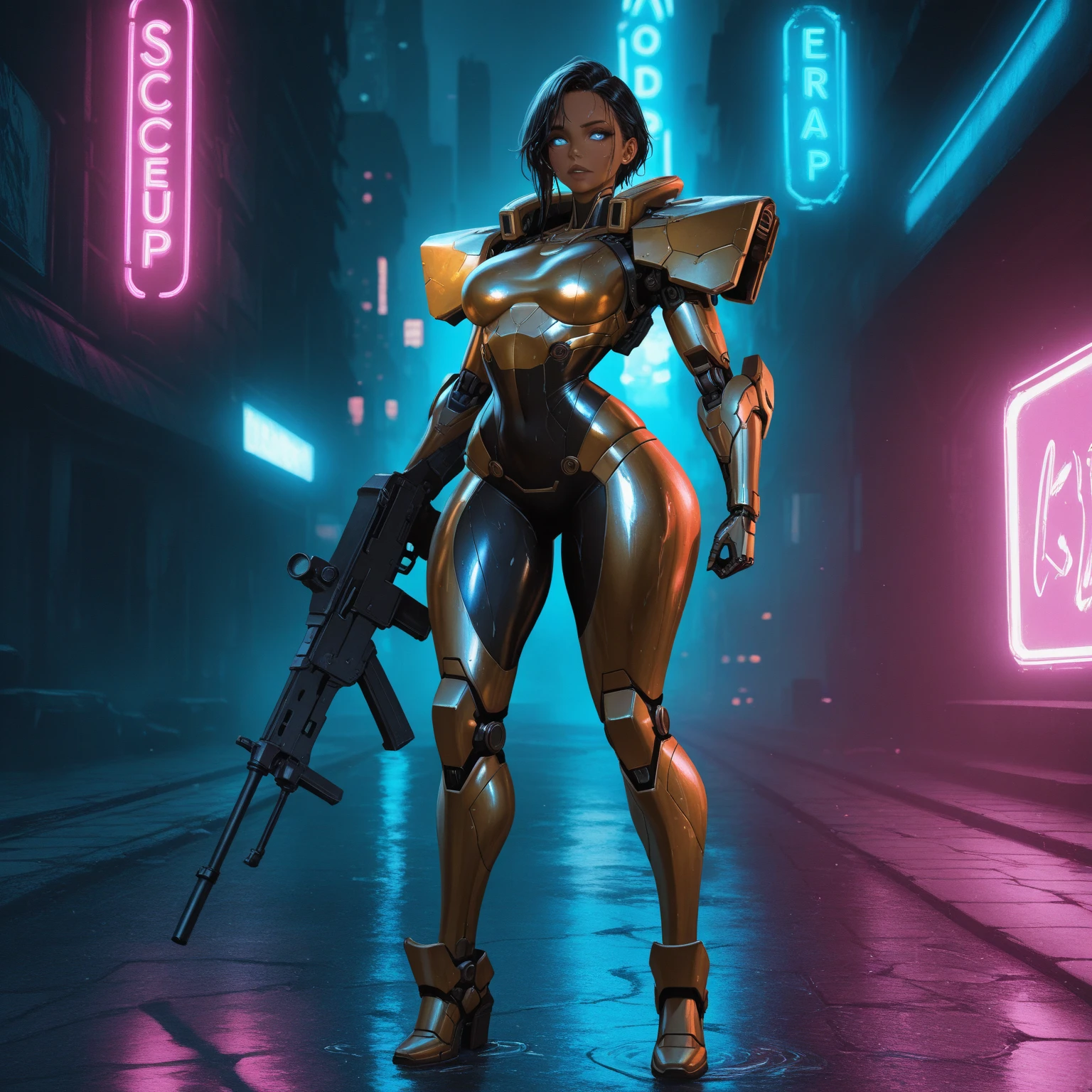 Combat Gynoid with long flowing black hair, curvaceous figure with a narrow waist and wide hips, tanned skin, glowing blue eyes, grasping a sleek sub-machine gun, clad in high-tech black and gold armor with metallic accents, set against a dystopian cyberpunk backdrop with neon lights reflecting off wet pavement, rendered in a detailed, high-contrast matte painting style with deep, rich colors, blending the dark, gritty aesthetic of Syd Mead with the vibrant, neon-lit futurism of Ash Thorp and the intricate, mechanized details of Simon Stalenhag, inspired by the fantasy concept art trending on Artstation, with a cinematic, 8k resolution quality reminiscent of Unreal Engine 5, emphasizing bold, complementary colors and dramatic lighting