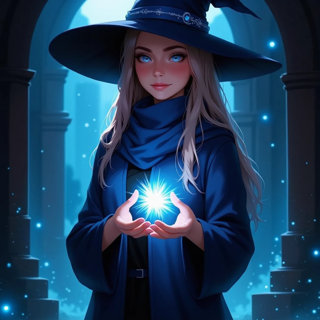 witch girl,  long straight blonde hair, holding magic power, blue coat, blue scarf, harry potter,witch hat