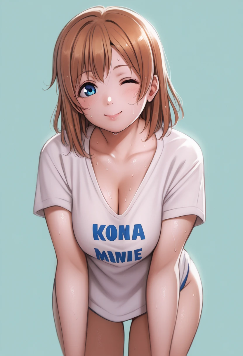 (Masterpiece, Best Quality, High Quality), anime style, love live, honoka kousaka, (blue eyes), brown hair, kousaka honoka, medium hair, 8k wallpaper,looking_at_viewer, football t-shirt, bottomless, perfect shadow, beautiful,cozy , collarbone , cleavage , sweating,wink, standing, p4l0m4, cowboy shot, side ass, hanging breasts