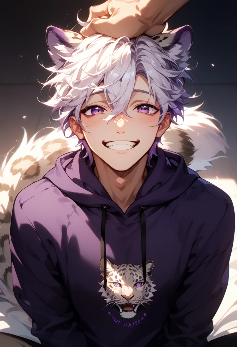 score_9, score_8_up, score_7_up, score_6_up, solo focus, 1man, short hair, white hair, hair between eyes, purple eyes, white leopard ears, white leopard tail, ((dark purple hoodie, plain hoodie)), black ripped pants, cute smile, happy, head pats, hair ruffling, other hand white button up shirt, 