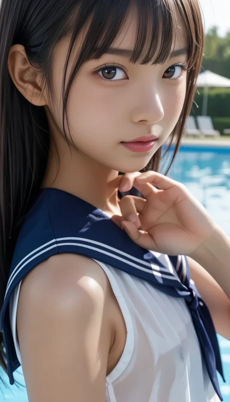  one Japanese female  getting wet、masterpiece 、  top quality 、  ultra high definition、 realistic、 dim sunset sunset 、  RAW photos 、4K Ultra HD、1080P、 oily skin、 selfie、(((  beautiful model shoulder close-up  、 Attention to shoulders  ,  focus clearly on shoulders)))、 break (((Close-up shoulders )))、 break ((( focus on beautiful shoulders )))、 (( angle of view from side ))、 tan dark skin 、 black hair、 Wet Straight Hair 、 beautifully manicured hair 、Skinny idol with trees、Peering expression 、(((  navy sailor color 、sailor cuffs)))、(( evening 、Sunset sky 、Outdoor Pool、 blur background))、(((Touch a flat chest without bulging with your hands、Five fingers)))、((( anatomically correct)))、(((濡れた navy sailor color )))