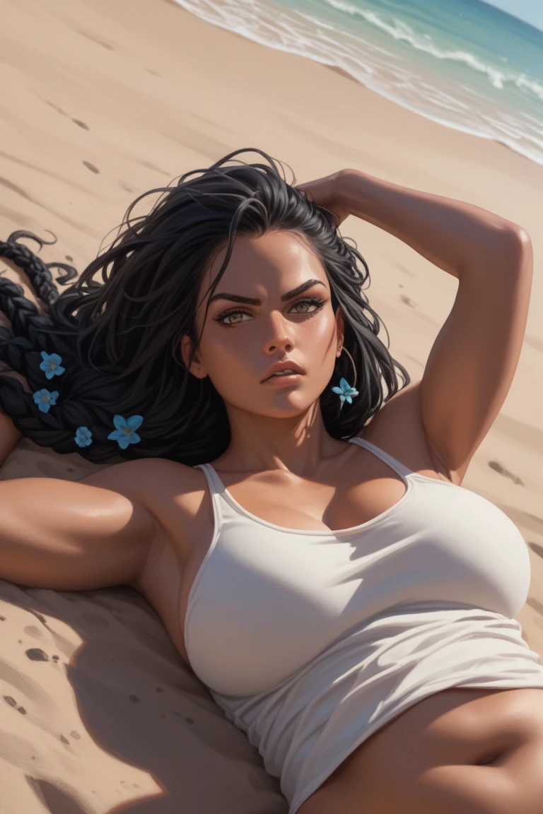 young skinny delicate black horny 20 year old, big straight hair , she is wearing a loose black rock t-shirt, breasts showing, she is wearing tight transparent panties nsfw she is on a beach