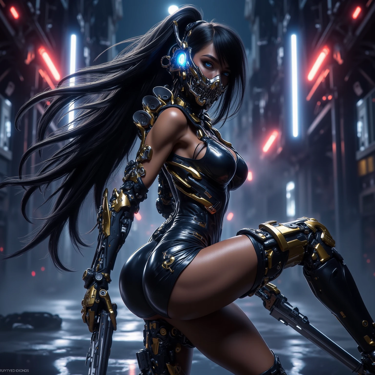 A striking black woman in a post-apocalyptic cyberpunk environment. She is next to a futuristic motorcycle, imposing and full of technological details. The woman has rich, deep skin, with ebony tones that glow under the scene's neon lighting. Her hair is a bold combination of dreadlocks and braids, decorated with metallic threads and small LEDs that blink softly, reflecting the colorful lights in the room. His face is sculpted with strong, elegant features, highlighting piercing eyes that glow with a cybernetic blue intensity. She wears metallic makeup, with silver shadows and lips painted an intense purple, adding a touch of mystery and power. His athletic body is encased in a futuristic combat suit made from synthetic and metallic materials. The look is a combination of black, silver and neon blue, with details that suggest high technology, such as embedded circuits and light panels. Plates of armor protect his shoulders, arms, and legs, while cables and wires connect to devices on his body, indicating a perfect fusion between human and machine. giving it a lively and dynamic appearance, Hyper Realistic, Cinematic.