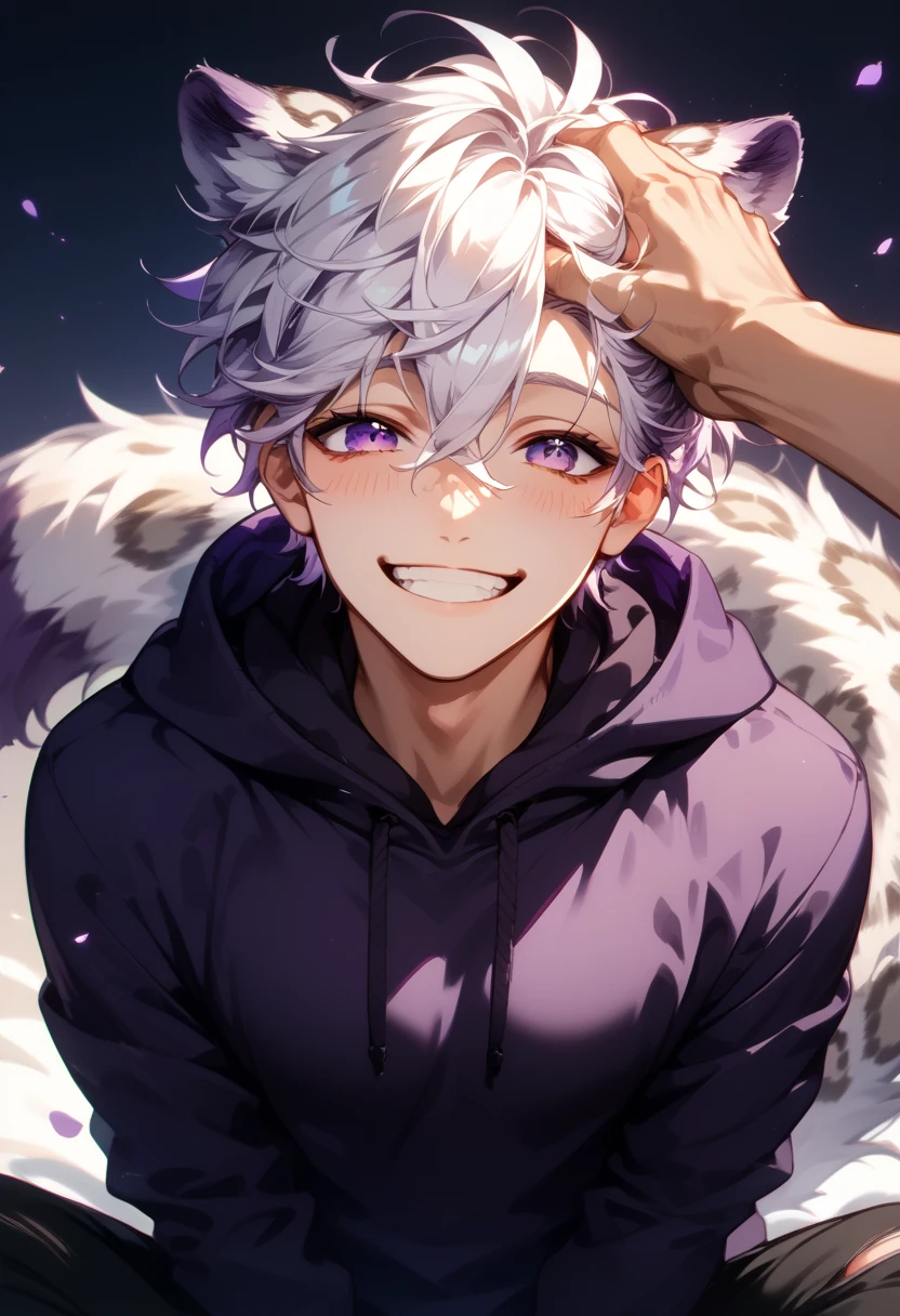 score_9, score_8_up, score_7_up, score_6_up, solo focus, 1man, short hair, white hair, hair between eyes, purple eyes, white leopard ears, white leopard tail, ((dark purple hoodie, plain hoodie)), black ripped pants, cute smile, happy, head pats, hair ruffling, other hand white button up shirt, 