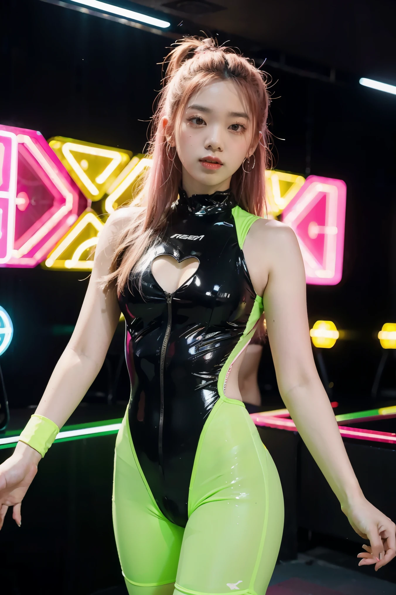 wearing bright body-suit, neon heart backdrop illuminating, club's vibrant scene