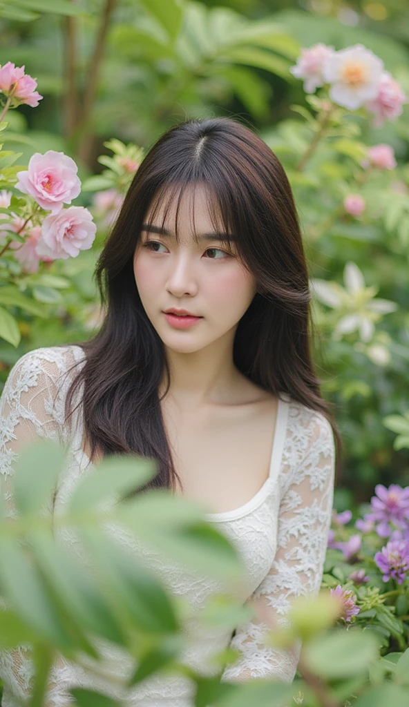 Korean girl with black hair without a bangs at garden 