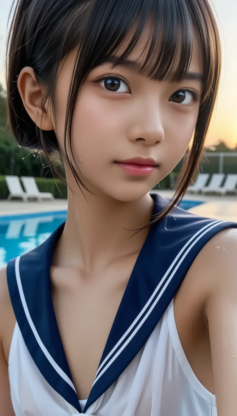  wet one Japanese **************************** 、masterpiece 、  top quality 、  ultra high definition、 realistic、 dim sunset sunset 、  RAW photos 、4K Ultra HD、1080P、 oily skin、 selfie、(((  beautiful model shoulder close-up  、 Attention to shoulders  ,  focus clearly on shoulders)))、 break (((Close-up shoulders )))、 break ((( focus on beautiful shoulders )))、 (( angle of view from side ))、 tan dark skin 、 black hair、 Wet Straight Hair 、 beautifully manicured hair 、Skinny idol with trees、Peering expression 、(((  navy sailor color 、sailor cuffs)))、(( evening 、Sunset sky 、Outdoor Pool、 blur background))、(((Touch a flat chest without bulging with your hands、Five fingers)))、((( anatomically correct)))、(((濡れた navy sailor color )))