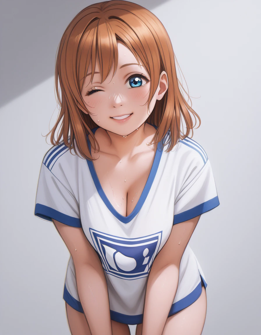 (Masterpiece, Best Quality, High Quality), anime style, love live, honoka kousaka, (blue eyes), brown hair, kousaka honoka, medium hair, 8k wallpaper,looking_at_viewer, football t-shirt, bottomless, perfect shadow, beautiful,cozy , collarbone , cleavage , sweating,wink, standing, p4l0m4, cowboy shot, side ass, hanging breasts