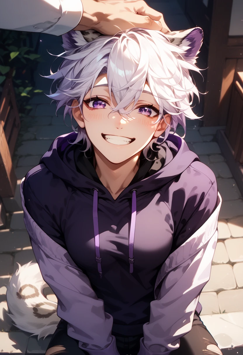 score_9, score_8_up, score_7_up, score_6_up, solo focus, 1man, short hair, white hair, hair between eyes, purple eyes, white leopard ears, white leopard tail, ((dark purple hoodie, plain hoodie)), black ripped pants, cute smile, happy, head pats, hair ruffling, other hand has white sleeve, 