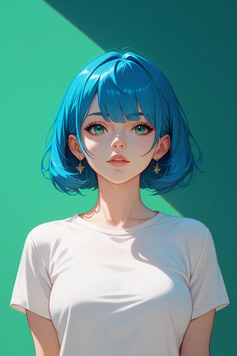 The face of a VERY BEAUTIFUL anime girl,.  blue hair. White t-shirt without lettering. without bangs. shadows. green background
