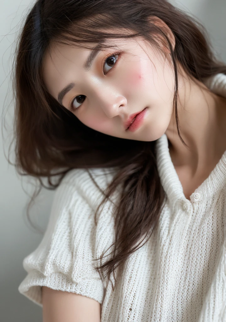 xxmixgirl, Analog Style, Eye focus, Highest quality, (Very detailed skin), Exquisitely beautiful white skin photos, 22 years old, Perfect Face, Captivating eyes, (Seductive makeup: 1.3), Skin pores, (Bokeh:1.5), Sharp focus, Dappled Lighting, (Backlight), Film Grain, (Very detailed, Exquisitely crafted), 8K, High resolution, Front view, Studio Light, Very detailed顔, Fine grain, (double eyelid: 1.4), Aristogle, Brown eyes, (commercial: 1.6), (Natural Makeup), ((White studio background: 2))、Summery white fashion