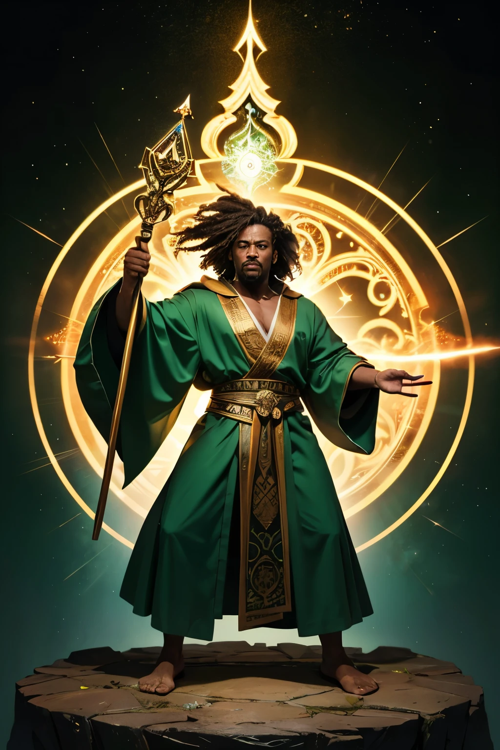 Create an image of a 45-year-old wizard with braided hair and dark skin, wearing a brown and green robe. The robe should have intricate magical patterns and a natural, earthy aesthetic. In his hand, he holds a staff with a glowing green gemstone at the top. The wizard is in a powerful pose, casting a spell, with radiant magical rays swirling around him. These rays of magic should emanate from his staff, creating an aura of mystical energy. His expression should convey wisdom, strength, and mastery over his magical abilities
