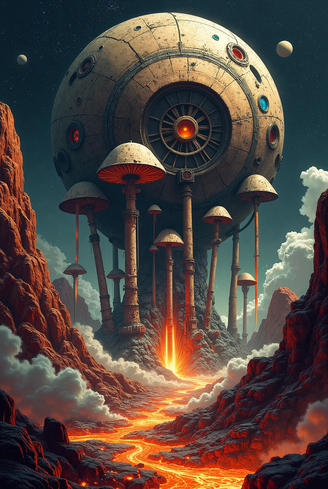 (Ultra-detailed, Fantasy Illustration with Gothic. Dark tone colors. Space colony structures of geared mechanical mushrooms and sheep's tooth designs stand like a row of gears sticking to a huge rock floating in space. Between the structures, tubular passageways connect like a mesh. Lava flows down from here and there from the huge boulders, plumes of smoke and fire sparks dance in the air, and hot gases fill the air.)