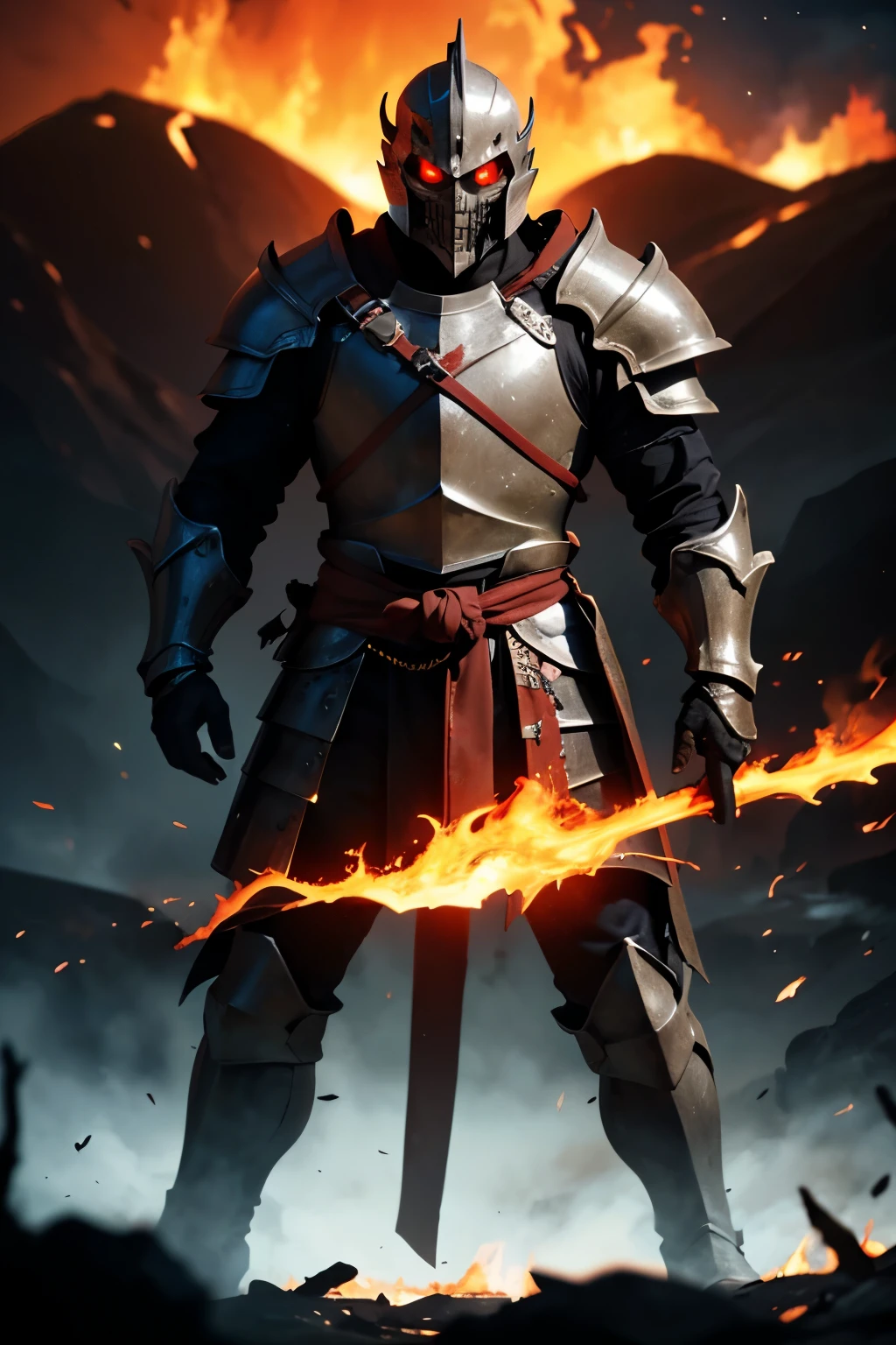 Create an image of a knight wearing a skull helmet with glowing red eyes. The knight stands in a barren, fiery landscape filled with molten lava. The background features an erupting volcano, spewing ash and lava into the dark sky. The knight is clad in dark, worn armor, with a menacing presence. The glowing eyes of the skull helmet contrast with the fiery surroundings, adding an eerie and powerful aura. The atmosphere should be intense, showcasing both the danger of the environment and the formidable nature of the knight