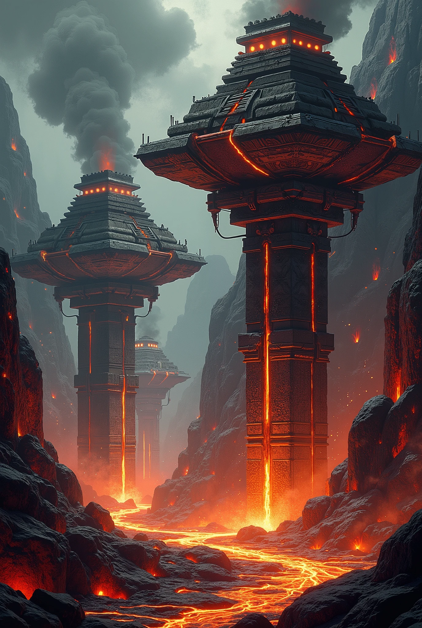 (Ultra-detailed, Fantasy Illustration with Gothic. Dark tone colors. Space colony structures designed to resemble Mesoamerican-style Mayan temples of geared machinery sticking to giant rocks floating in space stand in a row. Between the structures, tubular passageways connect like a mesh. Lava flows down from here and there from the huge boulders, plumes of smoke and fire sparks dance in the air, and hot gases fill the air.)