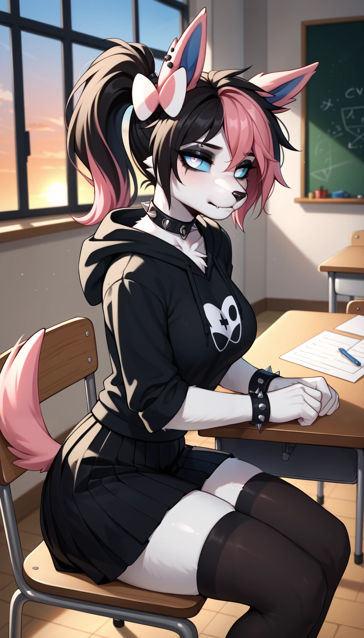 score_9, score_8_up, score_7_up, source_anime, source_furry, (beautiful, detailed background, digital artwork, digital art, well shaded artwork, depth, detailed artwork)1.2, 1girl, female, furry, anthro, Sylveon, classroom setting, (sitting on chair), leaning forward on desk, medium breasts, natural breasts, thighs, black hair, (pink highlights), long hair, messy hair, white eyes, cyan sclera, black oversize hoodie, (black stockings with white stripes), black spiked wristband, black spiked choker, black skirt, tired eyes, depressed, black eyeshadow, black lips, ponytail, sunset, side view, looking at the viewer, head tilt, indifferent, apathetic expression, half-closed eyes, Sylveon tail, (emo), (emo hairstyle), (emo haircut), emotionless