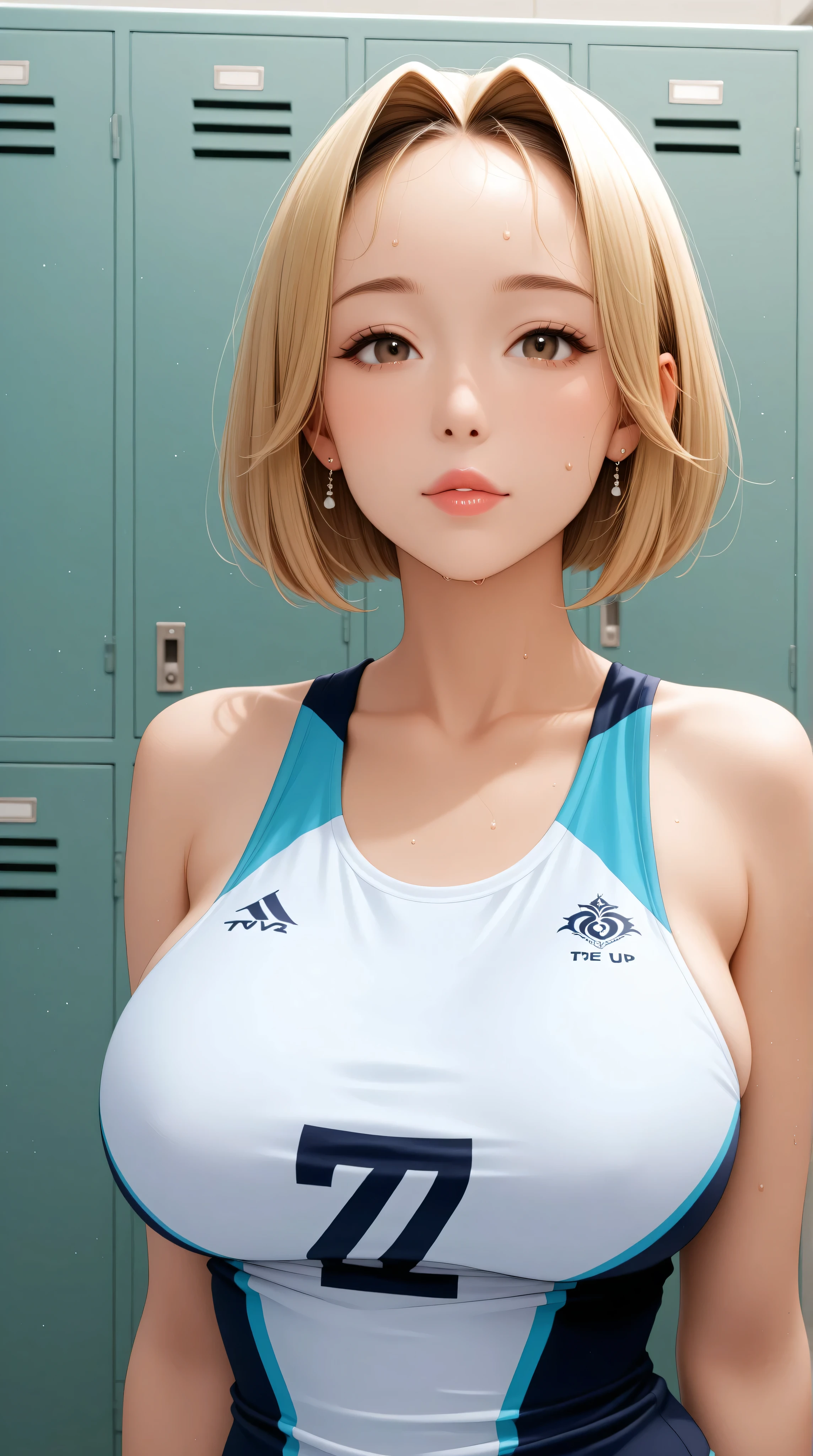 Girl alone、masterpiece、High resolution、Best Quality、Huge breasts、Narrow waist、1 female、Volleyball Uniforms、blonde、Short Hair、expensive、Red cheeks、vapor、sweat、Attractive look、背がexpensive、Locker Room、one length bob cut hair, ((forehead, hair intakes))、Tomboy、A regretful look、Close your mouth、Mature Woman、milf