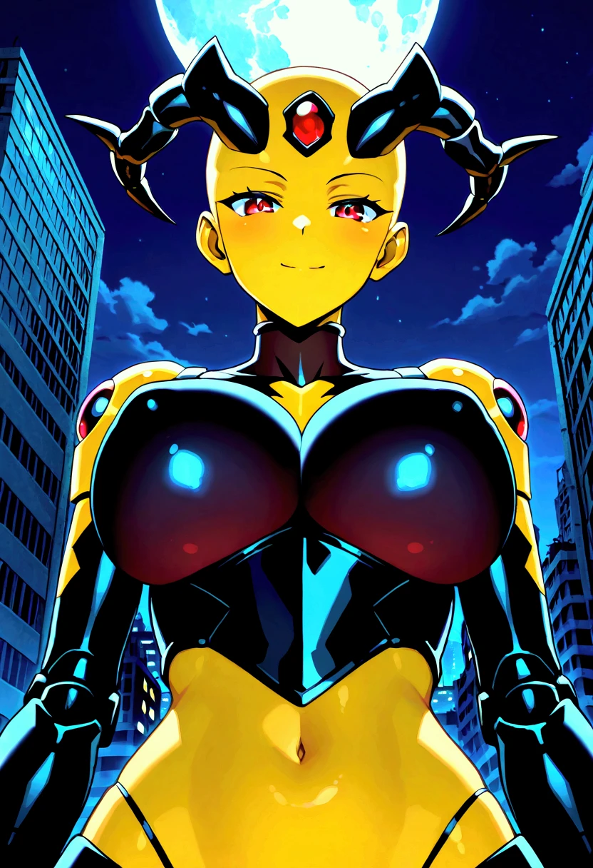 score_9,score_8_up,score_7, source anime, BREAK,1 girl, solo, mech spider girl, machine, arthropod girl, shoulder-less black mech suit, yellow skin, yellow body, long black demon_horn, insect_wings, bald, red-eyes, big large breasts honeycomb outline, black arachnid taur, wasp abdomen, midriff, night sky, post-apocalypse, crumbling city on background, late night, moon, dark alleyway, detailed face, sexy, neutral face, beautiful face, flawless face, detailed eyes, large eyes, looking at the viewer, close-up, bust-portrait, low angle view, upper-body, seductive, teasing, bedroom-eyes, first person view, front view, seductive pose, sexy pose, seducing, teasing, 